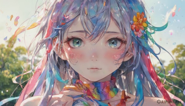 1girl,solo,long hair,looking at viewer,blush,smile,bangs,blue eyes,hair ornament,holding,hair between eyes,bare shoulders,closed mouth,blue hair,collarbone,flower,multicolored hair,outdoors,day,tears,hand up,hair flower,blurry,aqua eyes,lips,petals,eyelashes,depth of field,blurry background,crying,portrait,close-up,crying with eyes open,water drop,holding flower,straight-on,orange flower,ribbon,hair ribbon,braid,sky,red ribbon,tree,blue sky,plant,red flower,pink lips,yellow flower,orange ribbon