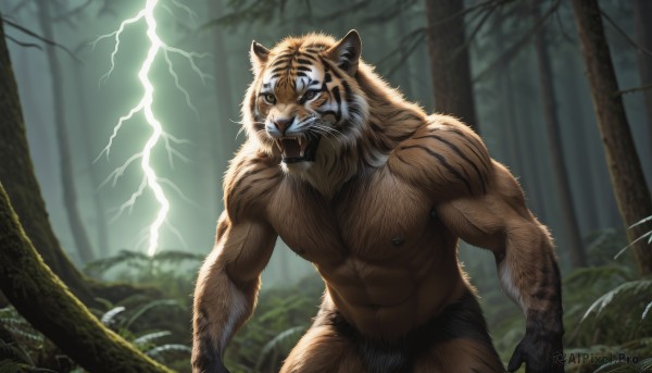 solo,looking at viewer,1boy,navel,animal ears,nipples,male focus,thighs,nude,outdoors,stomach,blurry,tree,pubic hair,muscular,blurry background,fangs,abs,pectorals,muscular male,nature,male pubic hair,bara,furry,forest,large pectorals,mature male,furry male,tiger ears,chinese zodiac,white fur,chest hair,navel hair,lightning,whiskers,tiger,brown fur,leg hair,hairy,tiger boy,orange fur,tiger stripes,open mouth,artist name,signature,no humans,animal,cloudy sky,grass,branch,electricity,animal focus