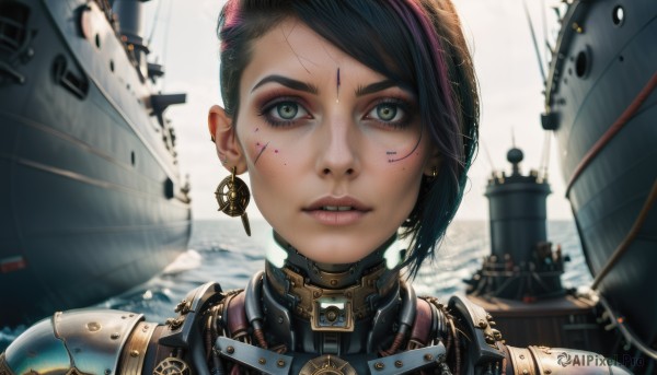 1girl,solo,looking at viewer,short hair,bangs,black hair,jewelry,green eyes,multicolored hair,earrings,parted lips,teeth,water,armor,blurry,lips,grey eyes,eyelashes,makeup,depth of field,blurry background,ocean,facial mark,portrait,close-up,eyeshadow,freckles,science fiction,realistic,nose,watercraft,cyborg,ship,dirty,cyberpunk