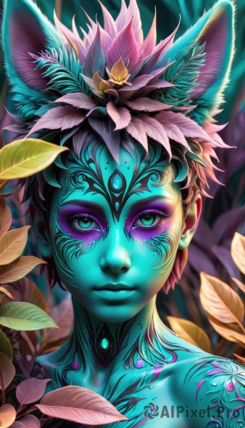 1girl,solo,looking at viewer,short hair,hair ornament,1boy,animal ears,closed mouth,green eyes,collarbone,upper body,pink hair,flower,male focus,artist name,hair flower,blurry,aqua eyes,lips,eyelashes,tattoo,makeup,colored skin,leaf,facial mark,plant,portrait,nature,androgynous,eyeshadow,nose,blue skin,eyeliner,facepaint,bodypaint,mascara,blue eyes,black hair,glowing,watermark,web address,extra eyes