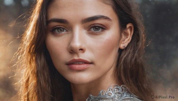 1girl,solo,long hair,looking at viewer,brown hair,brown eyes,jewelry,earrings,parted lips,teeth,signature,blurry,lips,eyelashes,depth of field,blurry background,portrait,close-up,realistic,nose,bokeh