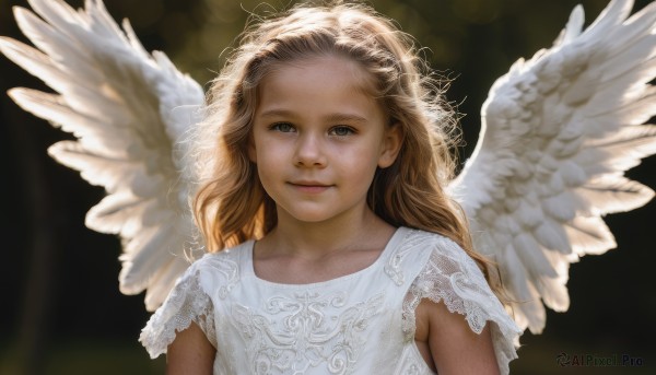 1girl,solo,long hair,looking at viewer,smile,blonde hair,brown hair,dress,closed mouth,collarbone,upper body,wings,white dress,blurry,lips,grey eyes,messy hair,child,feathered wings,angel wings,realistic,nose,white wings,angel,freckles