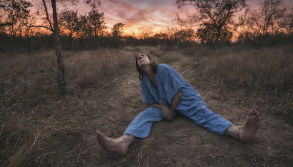 solo,1boy,sitting,male focus,outdoors,japanese clothes,sky,barefoot,feet,tree,toes,facial hair,soles,grass,nature,beard,sunset,realistic,mustache,old,dirty,old man,dirty feet,long hair,black hair,closed mouth,lying,cloud,kimono,scenery,blue kimono,on ground,red sky