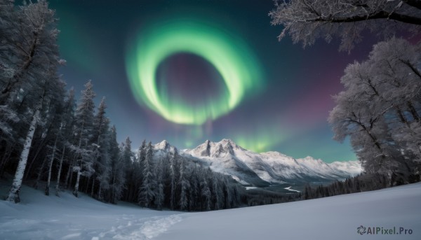 outdoors,sky,tree,no humans,night,moon,star (sky),nature,night sky,scenery,snow,forest,starry sky,mountain,crescent moon,winter,bare tree,landscape,pine tree,aurora,water