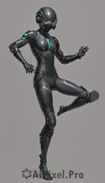 1girl,solo,breasts,looking at viewer,simple background,brown eyes,medium breasts,standing,full body,small breasts,dark skin,grey background,armor,dark-skinned female,bodysuit,mask,leg up,standing on one leg,helmet,skin tight,science fiction,black bodysuit,cyborg,power armor,neon trim,shiny,cameltoe,shiny clothes,latex