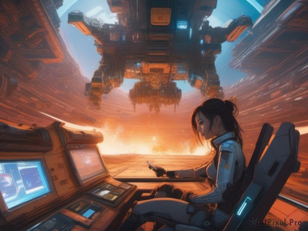 1girl,solo,long hair,breasts,smile,brown hair,black hair,hair ornament,gloves,holding,medium breasts,sitting,fingerless gloves,hair bun,from side,bodysuit,profile,chair,phone,single hair bun,cellphone,robot,mecha,smartphone,science fiction,pilot suit,monitor,spacecraft,tablet pc,cockpit,holographic interface,hologram,ponytail,medium hair,scenery,realistic,hair behind ear,cable,computer,screen