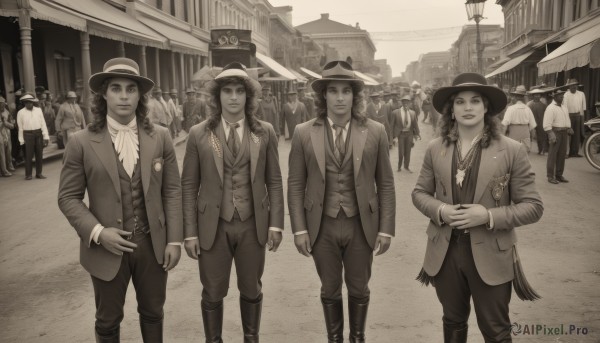 long hair,looking at viewer,smile,multiple girls,shirt,long sleeves,hat,jewelry,closed mouth,standing,jacket,monochrome,braid,greyscale,boots,outdoors,parted lips,multiple boys,open clothes,necktie,day,collared shirt,belt,pants,medium hair,necklace,vest,twin braids,open jacket,lips,buttons,facial hair,6+girls,ground vehicle,building,hair over shoulder,freckles,spot color,walking,6+boys,city,straw hat,road,sepia,lamppost,street,cowboy hat,crowd,mole above mouth,short hair,2girls,formal,suit,scenery,sun hat,town,people