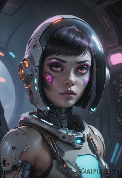 1girl,solo,breasts,looking at viewer,short hair,bangs,black hair,bare shoulders,brown eyes,closed mouth,upper body,small breasts,armor,lips,orange eyes,eyelashes,tattoo,makeup,headgear,facial mark,bob cut,helmet,lipstick,portrait,eyeshadow,science fiction,nose,eyeliner,cyborg,neon trim,mascara,cyberpunk,parted lips,swept bangs,glowing,close-up,realistic,facepaint,dirty,purple lips,dirty face