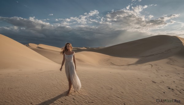 1girl,solo,long hair,brown hair,dress,bare shoulders,standing,outdoors,sky,barefoot,day,cloud,white dress,blue sky,shadow,beach,sunlight,cloudy sky,wind,scenery,walking,sand,sundress,wide shot,desert,brown eyes,strap slip