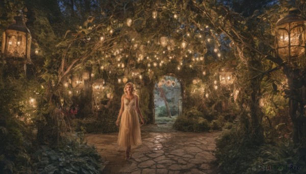 1girl,solo,long hair,looking at viewer,brown hair,dress,very long hair,standing,braid,flower,boots,outdoors,white dress,tree,dutch angle,window,night,brown footwear,plant,nature,scenery,walking,lantern,fantasy,road,lamp,bush,light,dark,vines,path