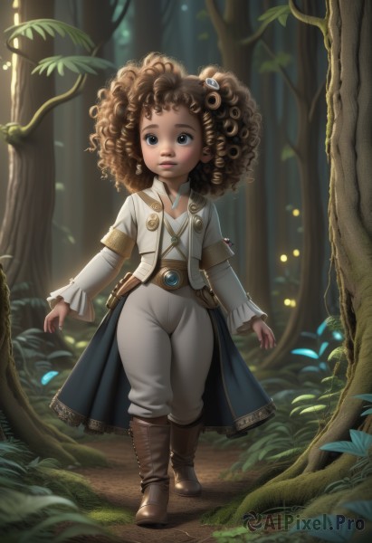 1girl,solo,long hair,looking at viewer,blue eyes,brown hair,hair ornament,long sleeves,brown eyes,jewelry,standing,full body,boots,outdoors,belt,pants,dark skin,necklace,flat chest,dark-skinned female,tree,lips,leaf,brown footwear,grass,plant,child,nature,forest,walking,curly hair,pouch,white pants,nose,fantasy,big hair,very dark skin,baggy pants,afro,earrings,artist name,watermark,sunlight,web address