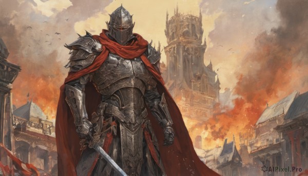 solo,1boy,holding,standing,weapon,male focus,outdoors,sky,sword,cloud,cape,holding weapon,armor,bird,holding sword,helmet,fire,knife,shoulder armor,gauntlets,building,facing viewer,1other,smoke,dual wielding,pauldrons,breastplate,red cape,vambraces,holding knife,dagger,castle,knight,full armor,ambiguous gender,holding dagger,embers,burning,plate armor,red eyes,cowboy shot,signature,animal,cloudy sky,clenched hand,arm at side,fantasy,arms at sides,faulds,torn cape,helm,chainmail