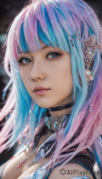 1girl,solo,long hair,breasts,looking at viewer,bangs,blue eyes,hair ornament,cleavage,jewelry,medium breasts,closed mouth,blue hair,upper body,pink hair,multicolored hair,earrings,choker,necklace,blurry,two-tone hair,lips,eyelashes,aqua hair,gradient hair,makeup,blurry background,piercing,gem,portrait,eyeshadow,pink lips,realistic,nose,mascara,parted lips,blunt bangs,streaked hair,watermark,ear piercing,close-up