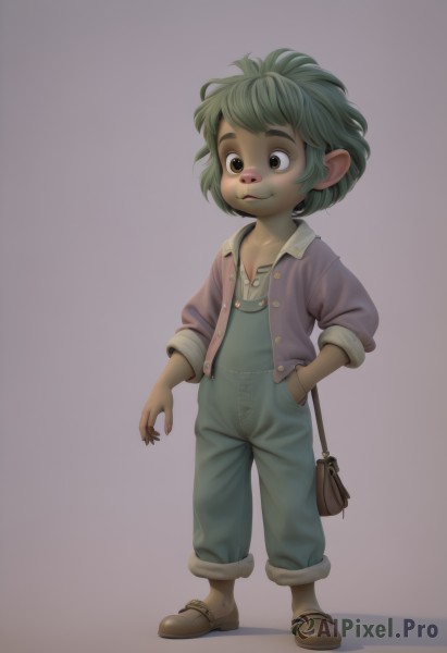 1girl,solo,smile,short hair,simple background,shirt,1boy,animal ears,brown eyes,closed mouth,standing,jacket,full body,male focus,green hair,open clothes,shoes,bag,buttons,brown footwear,sandals,child,furry,hand in pocket,handbag,furry female,unbuttoned,overalls,male child,white background,gradient,gradient background,no humans,freckles