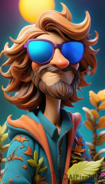 solo,brown hair,shirt,1boy,holding,closed mouth,jacket,upper body,flower,male focus,outdoors,open clothes,artist name,hood,blurry,hoodie,blurry background,facial hair,leaf,sunglasses,hood down,blue shirt,plant,hooded jacket,beard,zipper,mustache,tinted eyewear,hawaiian shirt,short hair,star (symbol),watermark,moon,full moon,backlighting,sun