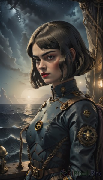 1girl,solo,breasts,short hair,bangs,brown hair,black hair,long sleeves,brown eyes,closed mouth,jacket,upper body,small breasts,outdoors,sky,belt,cloud,signature,water,uniform,black eyes,lips,looking to the side,military,military uniform,makeup,night,buttons,ocean,bob cut,cloudy sky,lipstick,blue jacket,star (sky),night sky,starry sky,backlighting,epaulettes,sunset,mountain,nose,horizon,red lips,watercraft,looking afar,badge,ship,aiguillette,medal,sunrise,looking at viewer,blue eyes,parted lips,artist name,armor,eyelashes,freckles,realistic,emblem,eyeliner,boat