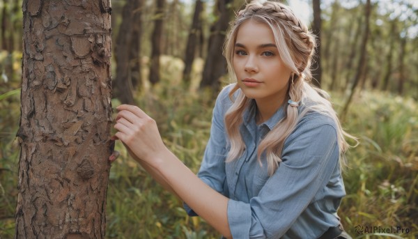 1girl,solo,long hair,looking at viewer,blue eyes,blonde hair,shirt,closed mouth,upper body,braid,flower,outdoors,day,collared shirt,blurry,tree,lips,fingernails,dress shirt,depth of field,blurry background,blue shirt,nature,sleeves rolled up,realistic,nose,striped,belt,parody