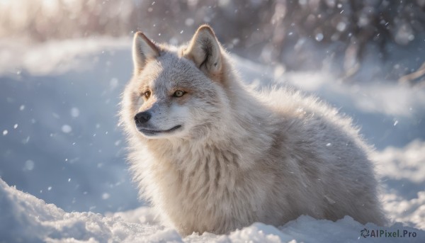 solo, closed mouth, outdoors, signature, no humans, animal, snow, snowing, realistic, animal focus, winter, wolf