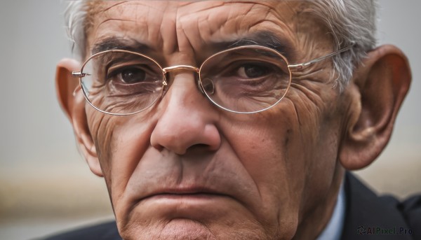 solo,looking at viewer,short hair,shirt,1boy,closed mouth,jacket,white hair,grey hair,male focus,glasses,collared shirt,blurry,black eyes,black jacket,blurry background,facial hair,frown,formal,portrait,realistic,round eyewear,old,old man,wrinkled skin,brown eyes,lips,looking to the side,grey eyes,depth of field,looking away,beard,close-up,serious,nose,manly