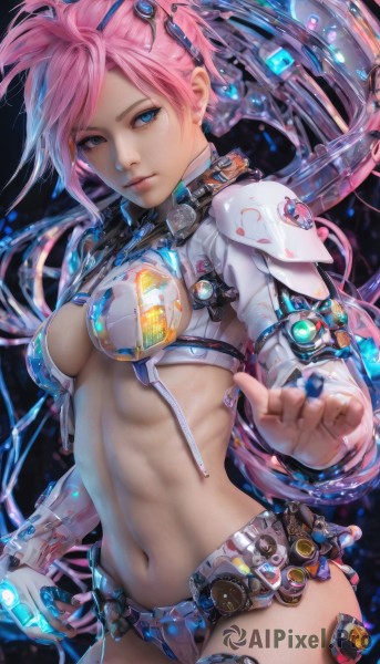 1girl,solo,long hair,breasts,looking at viewer,blue eyes,navel,cleavage,jewelry,medium breasts,ponytail,pink hair,cowboy shot,earrings,midriff,stomach,nail polish,armor,lips,headgear,abs,freckles,science fiction,realistic,cable,closed mouth