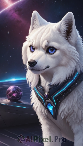 solo,looking at viewer,blue eyes,sky,signature,no humans,animal,gem,star (sky),starry sky,dog,realistic,space,animal focus,white fur,planet,wolf,upper body,teeth,artist name,earth (planet),galaxy