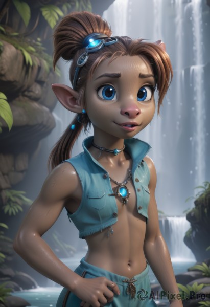 1girl,solo,long hair,breasts,looking at viewer,smile,blue eyes,brown hair,navel,jewelry,ponytail,small breasts,outdoors,parted lips,open clothes,shorts,teeth,sleeveless,choker,day,pointy ears,midriff,pants,dark skin,water,necklace,vest,flat chest,dark-skinned female,lips,wet,goggles,furry,wading,pendant,freckles,goggles on head,blue vest,open vest,waterfall,bare shoulders,collarbone,earrings,shiny,stomach,leaf,zipper,pocket,rock,no shirt