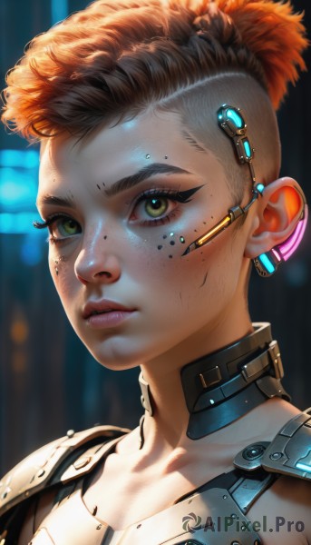 1girl,solo,looking at viewer,short hair,brown hair,jewelry,closed mouth,green eyes,collarbone,upper body,earrings,orange hair,blurry,lips,eyelashes,makeup,blurry background,portrait,close-up,freckles,science fiction,realistic,nose,eyeliner,very short hair,undercut,cyborg,mascara,cyberpunk,yellow eyes,parted lips,artist name,armor,glowing,backlighting,android,dirty,dirty face,earpiece