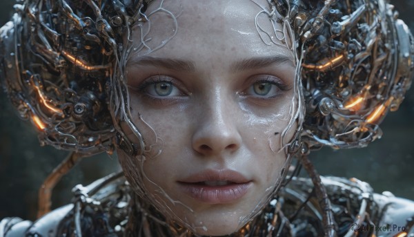 1girl, solo, looking at viewer, brown eyes, parted lips, blurry, lips, eyelashes, portrait, close-up, science fiction, realistic, cable, cyberpunk