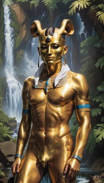 solo,1boy,navel,jewelry,nipples,standing,male focus,earrings,outdoors,shiny,dark skin,water,necklace,bracelet,lips,wet,shiny skin,muscular,colored skin,abs,nature,bulge,topless male,realistic,waterfall,yellow skin,looking at viewer,pointy ears,nail polish,black eyes,leaf,piercing,skin tight,colored sclera,bald,alien,egyptian