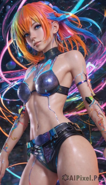 1girl,solo,breasts,looking at viewer,short hair,bangs,blue eyes,navel,bare shoulders,jewelry,medium breasts,closed mouth,underwear,blue hair,standing,swimsuit,bikini,thighs,red hair,multicolored hair,cowboy shot,earrings,small breasts,shorts,midriff,shiny,belt,medium hair,stomach,bra,orange hair,lips,shiny skin,short shorts,tattoo,piercing,ear piercing,science fiction,realistic,navel piercing,long hair,ribbon,gradient hair,black bikini,black shorts,bikini top only,shiny clothes,cable