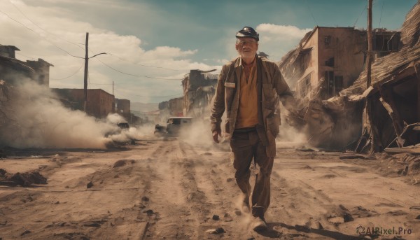 solo,blonde hair,shirt,gloves,1boy,hat,standing,jacket,male focus,outdoors,open clothes,sky,day,pants,cloud,uniform,blue sky,military,black headwear,military uniform,facial hair,cloudy sky,ground vehicle,building,scenery,motor vehicle,smoke,walking,realistic,ruins,power lines,utility pole,debris,dust,rubble,long sleeves,white hair,open jacket,black jacket,black pants,hand in pocket,brown jacket,car,road,brown shirt,brown pants,orange shirt,desert,post-apocalypse