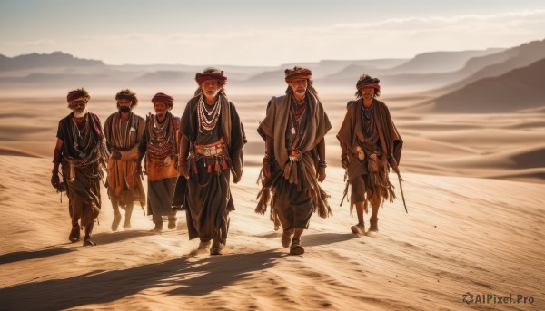 looking at viewer,smile,brown hair,black hair,long sleeves,hat,holding,jewelry,closed mouth,standing,weapon,male focus,outdoors,japanese clothes,multiple boys,sky,day,necklace,sash,headband,shadow,facial hair,scar,sandals,walking,6+boys,beads,robe,sand,desert,prayer beads,bandages,5boys