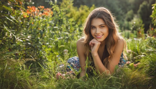 1girl,solo,long hair,looking at viewer,smile,brown hair,bare shoulders,brown eyes,flower,outdoors,teeth,day,grin,blurry,lips,depth of field,blurry background,grass,plant,nature,head rest,realistic,dress,lying,leaf,sunlight,on stomach,lipstick,forest