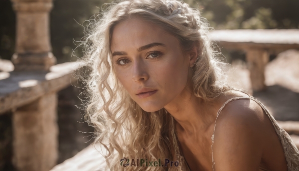 1girl,solo,long hair,looking at viewer,blonde hair,bare shoulders,brown eyes,jewelry,closed mouth,upper body,earrings,sleeveless,dark skin,blurry,dark-skinned female,lips,grey eyes,depth of field,blurry background,wavy hair,freckles,curly hair,realistic,nose,dress,outdoors,necklace,sunlight,thick eyebrows,messy hair,portrait