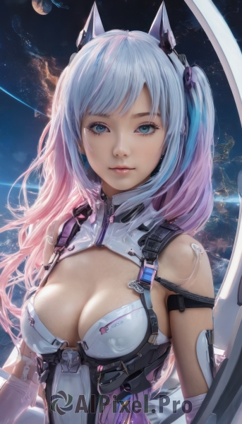 1girl,solo,long hair,breasts,looking at viewer,bangs,blue eyes,hair ornament,gloves,cleavage,bare shoulders,twintails,medium breasts,closed mouth,blue hair,upper body,pink hair,multicolored hair,sky,elbow gloves,artist name,two-tone hair,lips,clothing cutout,bodysuit,gradient hair,makeup,headgear,cleavage cutout,star (sky),science fiction,realistic,space,planet,smile,animal ears,eyelashes,zipper,nose,earth (planet)