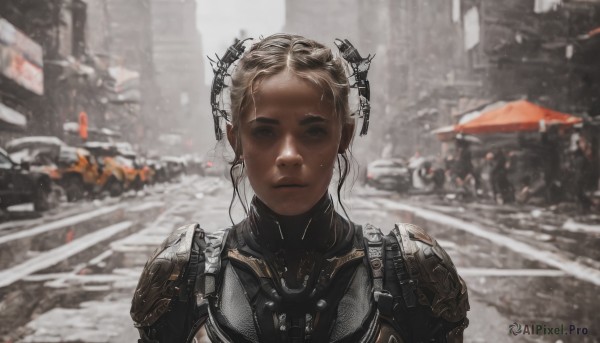 1girl,solo,looking at viewer,short hair,blonde hair,brown hair,closed mouth,upper body,outdoors,horns,dark skin,armor,blurry,dark-skinned female,lips,bodysuit,blurry background,headgear,ground vehicle,shoulder armor,building,motor vehicle,science fiction,city,realistic,car,road,straight-on,street,mole,depth of field,portrait,snow,forehead,freckles,pauldrons