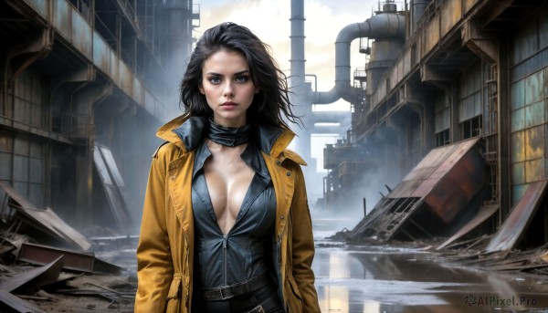 HQ,1girl,solo,long hair,breasts,looking at viewer,blue eyes,large breasts,shirt,black hair,cleavage,medium breasts,closed mouth,collarbone,jacket,upper body,outdoors,open clothes,choker,belt,open jacket,lips,coat,no bra,building,buckle,smoke,belt buckle,city,realistic,nose,hands in pockets,yellow jacket,ruins,popped collar,short hair,scarf,watermark,wind,science fiction,dirty