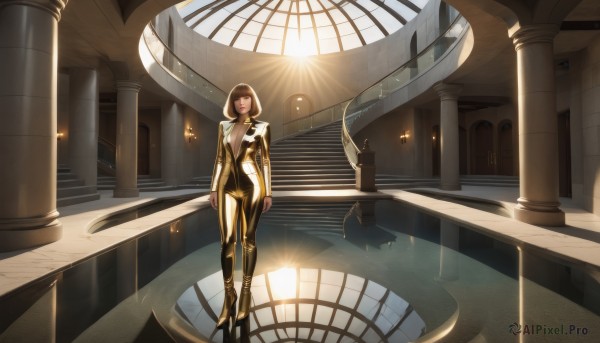 1girl,solo,breasts,looking at viewer,short hair,brown hair,brown eyes,medium breasts,standing,indoors,high heels,lips,bodysuit,sunlight,light rays,stairs,pillar,column,bangs,closed mouth,jacket,full body,choker,scenery,science fiction,wide shot