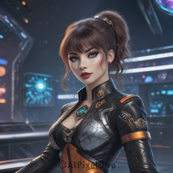 1girl,solo,long hair,breasts,looking at viewer,bangs,brown hair,hair ornament,cleavage,brown eyes,jewelry,medium breasts,jacket,upper body,ponytail,earrings,necklace,mole,blurry,lips,grey eyes,bodysuit,makeup,blurry background,high ponytail,lipstick,brooch,pendant,science fiction,realistic,nose,red lips,closed mouth,sidelocks,artist name,armor,mole under eye,gem