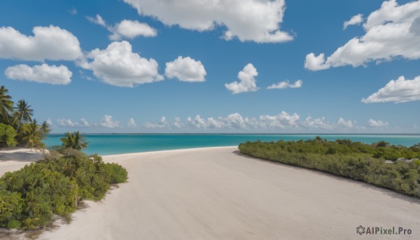 outdoors,sky,day,cloud,water,tree,blue sky,no humans,ocean,beach,cloudy sky,plant,nature,scenery,sand,palm tree,horizon,road,bush,summer,shore,grass,forest