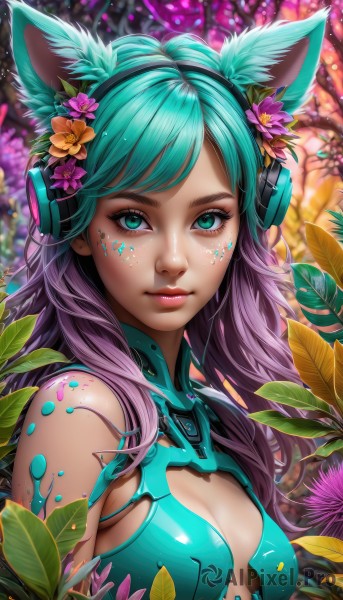 1girl,solo,long hair,breasts,looking at viewer,bangs,hair ornament,animal ears,cleavage,bare shoulders,medium breasts,closed mouth,green eyes,upper body,pink hair,purple hair,flower,multicolored hair,shiny,artist name,cat ears,signature,hair flower,blurry,two-tone hair,aqua eyes,tree,lips,clothing cutout,eyelashes,aqua hair,gradient hair,makeup,swept bangs,headphones,leaf,watermark,facial mark,cleavage cutout,plant,lipstick,web address,pink flower,eyeshadow,pink lips,nose,eyeliner,whisker markings,mascara,blue eyes,hairband,small breasts,green hair,fox ears,freckles