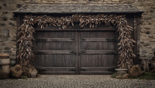 outdoors,tree,no humans,grass,plant,scenery,door,potted plant,wall,brick wall,barrel,crate,wood,leaf,bucket,stone,wooden wall,stone floor,stone wall