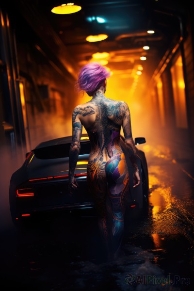 1girl,solo,short hair,standing,pink hair,purple hair,ass,nude,from behind,blurry,tattoo,back,ground vehicle,motor vehicle,science fiction,facing away,car,helmet removed,cyberpunk,back tattoo,jewelry,earrings,completely nude,bodysuit,walking,arm tattoo,undercut,full-body tattoo