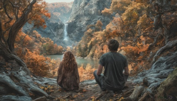 solo,short hair,brown hair,shirt,black hair,1boy,sitting,short sleeves,male focus,outdoors,day,pants,water,from behind,tree,black shirt,bird,animal,leaf,black pants,t-shirt,nature,scenery,forest,rock,mountain,facing away,indian style,autumn leaves,wide shot,river,autumn,waterfall,1girl,long hair,squatting,blue shirt,stream