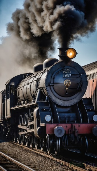 outdoors,sky,day,cloud,military,no humans,ground vehicle,motor vehicle,smoke,realistic,aircraft,military vehicle,airplane,vehicle focus,train,blue sky,tank,train station,railroad tracks