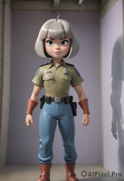 1girl,solo,looking at viewer,smile,short hair,bangs,blue eyes,shirt,closed mouth,standing,full body,ahoge,white hair,short sleeves,grey hair,boots,solo focus,collared shirt,belt,pants,artist name,indoors,signature,blunt bangs,uniform,lips,buttons,shadow,brown footwear,bob cut,denim,child,pocket,pouch,jeans,blue pants,female child,badge,belt pouch,police,police uniform,military,military uniform,thick eyebrows,nose,ankle boots