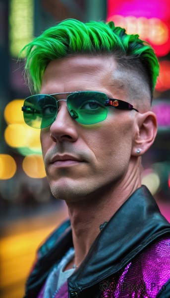 solo,looking at viewer,short hair,shirt,1boy,jewelry,closed mouth,jacket,upper body,male focus,multicolored hair,earrings,green hair,glasses,necklace,blurry,lips,depth of field,blurry background,piercing,sunglasses,portrait,realistic,nose,stud earrings,undercut,outdoors,open clothes,artist name,tattoo,facial hair,bokeh,city lights,cyberpunk