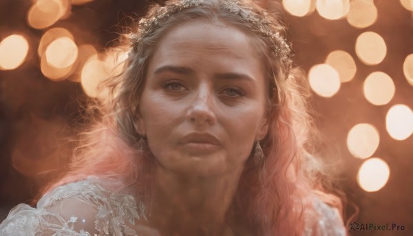 1girl,solo,long hair,looking at viewer,blue eyes,blonde hair,brown hair,hair ornament,jewelry,closed mouth,multicolored hair,earrings,blurry,lips,grey eyes,depth of field,blurry background,wavy hair,expressionless,portrait,realistic,nose,bokeh,brown eyes,parted lips,light