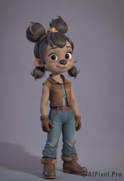 1girl,solo,looking at viewer,blush,smile,short hair,simple background,brown hair,shirt,black hair,gloves,twintails,brown eyes,standing,jacket,full body,boots,sleeveless,belt,pants,dark skin,grey background,vest,dark-skinned female,brown footwear,denim,short twintails,child,furry,brown gloves,jeans,furry female,blue pants,female child,leather,hair ornament,animal ears,hair bobbles,freckles,sleeveless jacket,brown fur