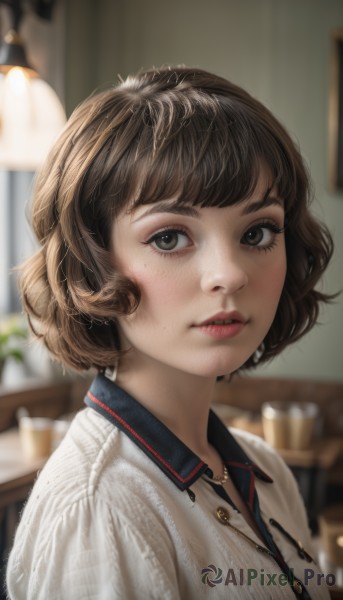 1girl,solo,looking at viewer,short hair,bangs,brown hair,shirt,brown eyes,white shirt,upper body,parted lips,collared shirt,artist name,indoors,mole,blurry,black eyes,lips,grey eyes,eyelashes,buttons,depth of field,blurry background,bob cut,freckles,realistic,nose,lamp,jewelry,teeth,makeup,watermark,table,plant,wing collar,portrait